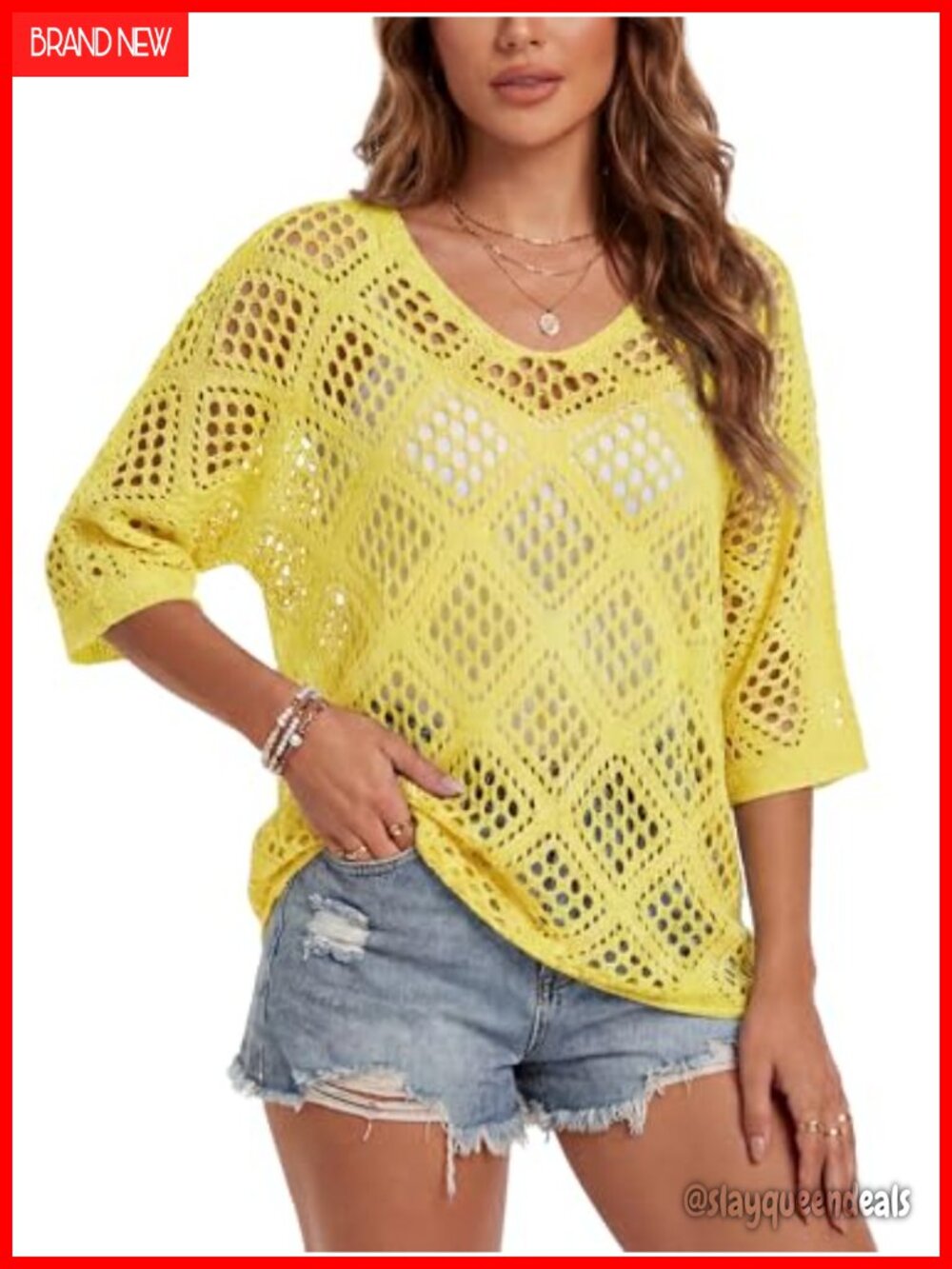 Women's Crochet Cover Up Top 3/4 Batwing Sleeve V Neck Boho Knit